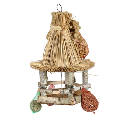 Best For Birds Voedertafel Hangend Rieten Dak Inclusief Voer 28x28x39 cm