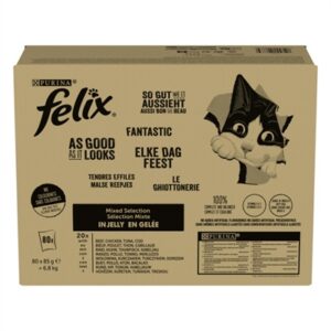 Felix Pouch Elke Dag Feest In Gelei Tonijn / Kabeljauw / Rund / Kip 80x85 gr