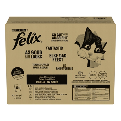 Felix Pouch Elke Dag Feest In Gelei Tonijn / Kabeljauw / Rund / Kip 80x85 gr