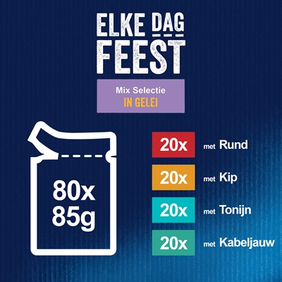 Felix Pouch Elke Dag Feest In Gelei Tonijn / Kabeljauw / Rund / Kip 80x85 gr