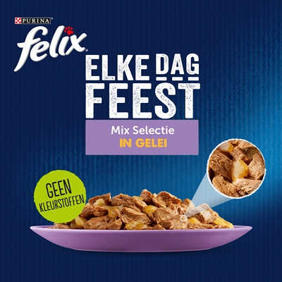 Felix Pouch Elke Dag Feest In Gelei Tonijn / Kabeljauw / Rund / Kip 80x85 gr