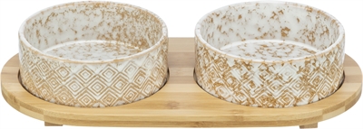 Trixie Set Voerbak / Waterbak Keramiek / Bamboe Wit / Natuur 2x300 ml 30x6x15 cm