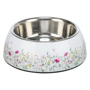 Trixie Voerbak / Drinkbak Bloemmotief RVS Wit / Meerkleurig 14x14x4.5 cm