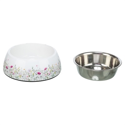 Trixie Voerbak / Drinkbak Bloemmotief RVS Wit / Meerkleurig 14x14x4.5 cm