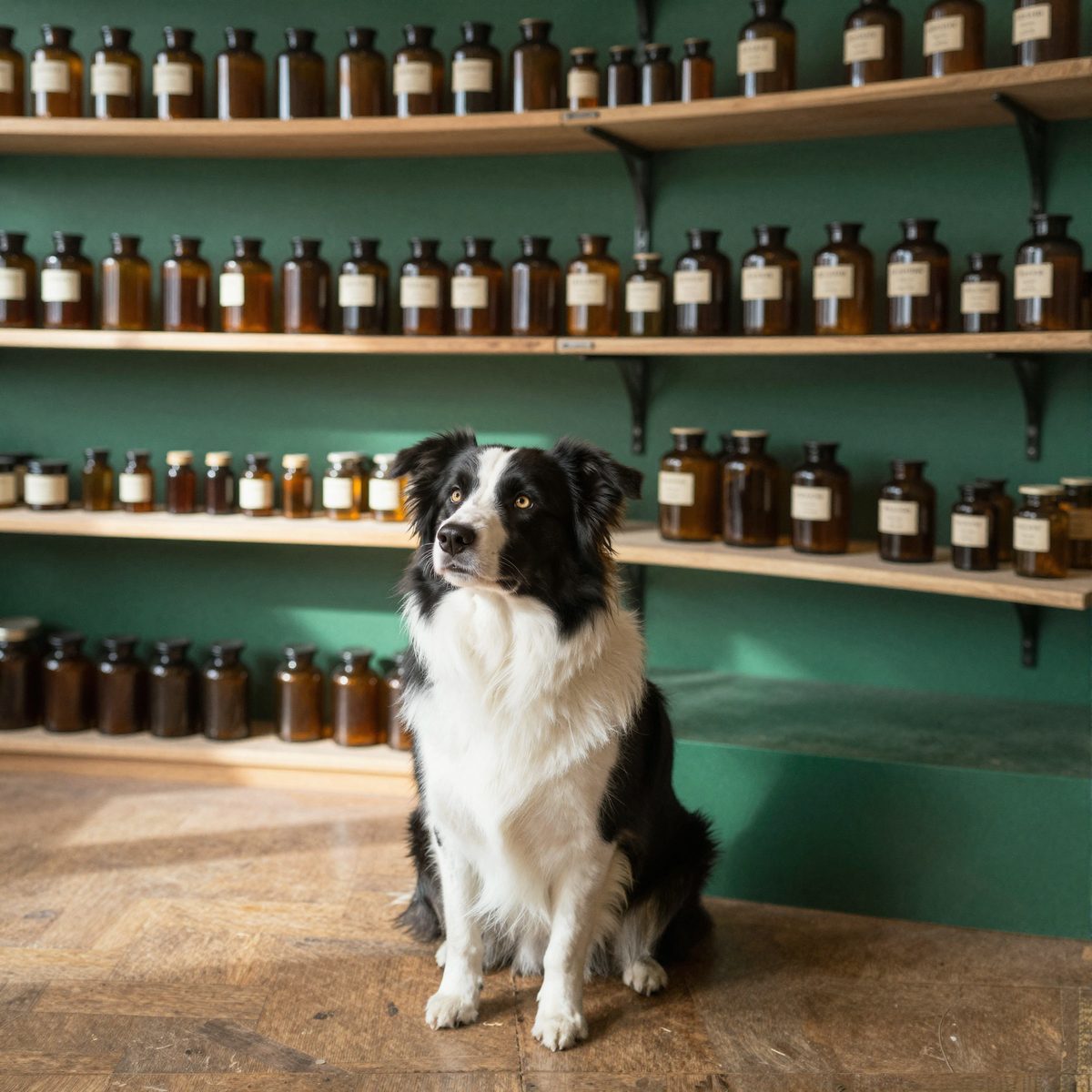 Border collie in de apotheekwinkel van pelamigo
